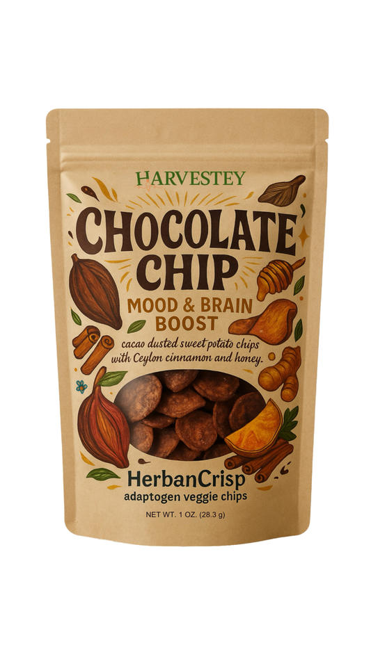 Harvestey HerbanCrisp – Chocolate Chip Sweet Potato Chips (Cacao + Cinnamon Dusted) | Mood + Focus