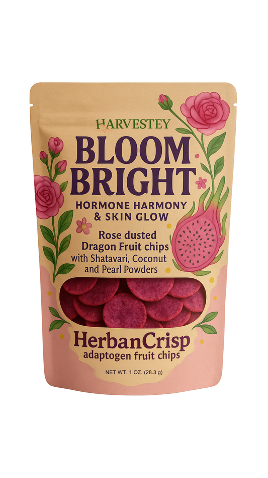 Harvestey HerbanCrisp – Bloom Bright Dragon Fruit Chips (Rose Dusted with Shatavari, Coconut + Pearl Powders) | Hormone Harmony + Skin Glow