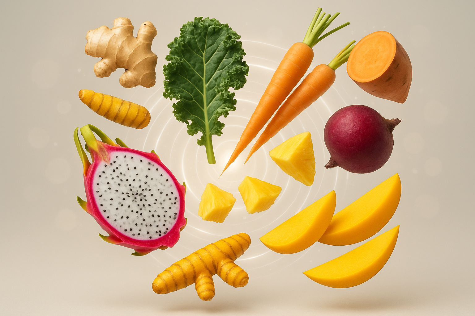Neutral background with subtle glowing circles or energy waves (functional vibe).
Floating around those glows: vibrant ingredient visuals (flavor vibe) ginger, kale, carrots, sweet potato, beets, pineapples, dragon fruit, mango, turmeric